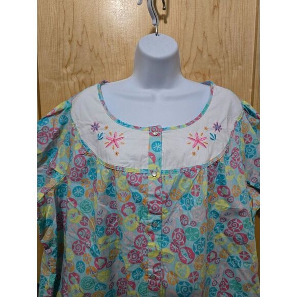 Colorful Floral Womens Nightgown With Embroidery & Snaps By Pink K Size 1X - Picture 1 of 6